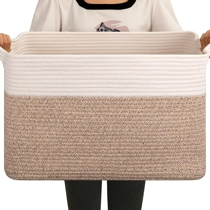 OIAHOMY Large Blanket Basket, 65L Cotton Rope Woven Laundry Basket, Toy Bin for Baby Room, Container for Blanket Storage in Living Room, 20''×16''×12'', Brown & White
