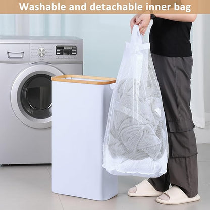 iEGrow 60L Slim Laundry Hamper, Narrow Laundry Basket with Lid,Foldable Clothes Hamper with Bamboo Handles,Hamper Basket with Removable Inner Bag for Laundry Room Bedroom College Dorm,15.85 Gals White