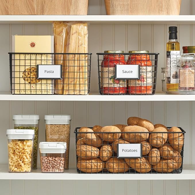 mDesign Wide Steel Wired Storage Organizer Bin Baskets with Label Slot for Kitchen Pantry, Cabinet, Organizing Holder for Food, Drinks, Snacks, Produce, Omaha Collection, 2 Pack, Matte Black