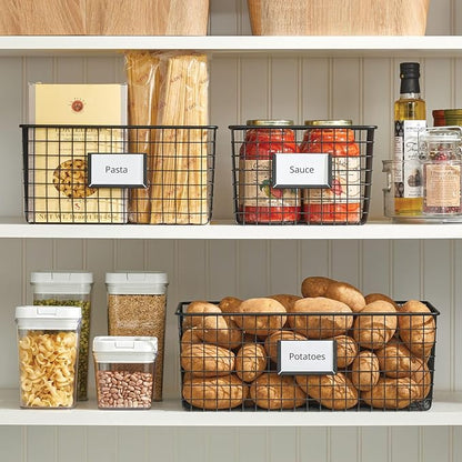 mDesign Wide Steel Wired Storage Organizer Bin Baskets with Label Slot for Kitchen Pantry, Cabinet, Organizing Holder for Food, Drinks, Snacks, Produce, Omaha Collection, 2 Pack, Matte Black
