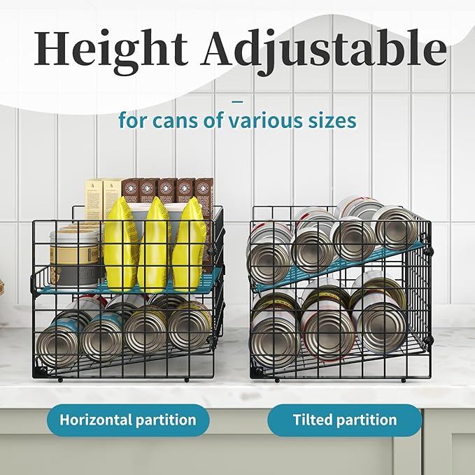 Sbanmao 2-Pack Stackable Can Organizer for Pantry, Adjustable Can Holder Rack for Canned Food Soda Drink Goods Storage up to 36 Cans Storage, 2 Tier, Black