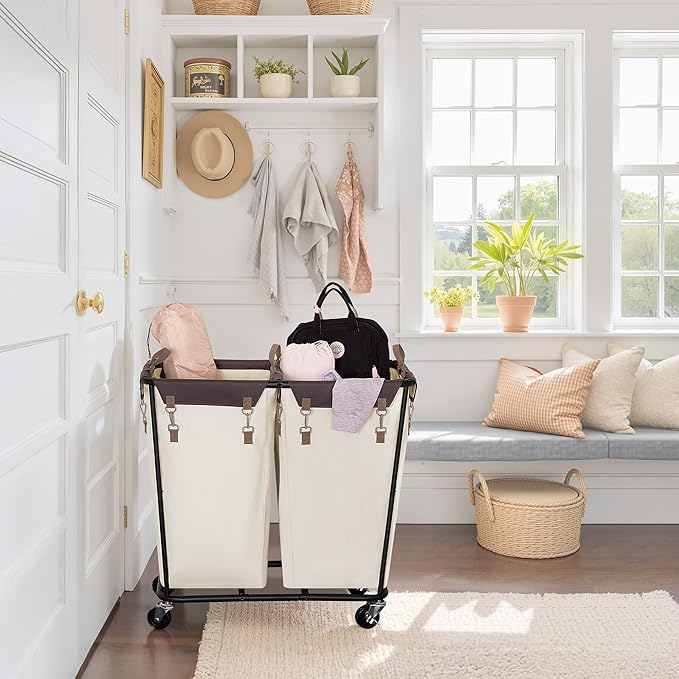 StorageWorks 280L Large Laundry Hamper with Wheels, Laundry Basket with Wheels 2 Sections, Clothes Sorter Cart with Divider for Hotel, Home, Beige, 1-Pack