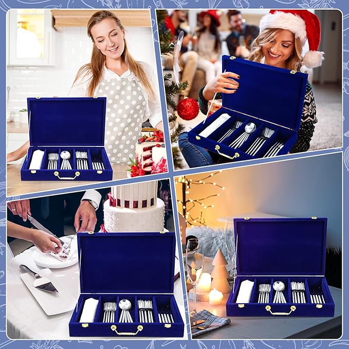 Pickmesh Silverware Case with Lid and Handle, Silverware Storage Box Sterling Silver Flatware Chest Without Silver Tarnish Proof Utensils Organizer for Kitchen Decor Wedding Gifts(Royal Blue,1 Layer)