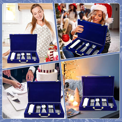 Pickmesh Silverware Case with Lid and Handle, Silverware Storage Box Sterling Silver Flatware Chest Without Silver Tarnish Proof Utensils Organizer for Kitchen Decor Wedding Gifts(Royal Blue,1 Layer)