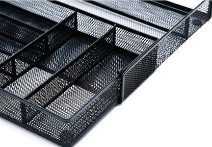 JANE EYRE Utensil Drawer Organizer - Expandable Cutlery Tray, Silverware/Flatware Storage Divider for Kitchen, Mesh Designing with Non-slip Rubber Feet (black)