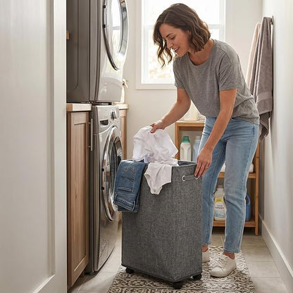 DOKEHOM 25-Inches Slim Laundry Basket on Wheels, Collapsible Rolling Laundry Hamper, Foldable Narrow Corner Clothes Storage Bins (Linen Grey)