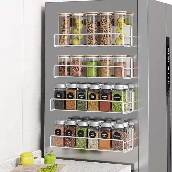 Mystozer 4 Pack Magnetic Spice Rack Organizer, Space Saver for Refrigerator and Microwave Oven, Metal Fridge Shelf Seasoning Rack Magnetic Fridge Organizer Magnet Shelf(White)