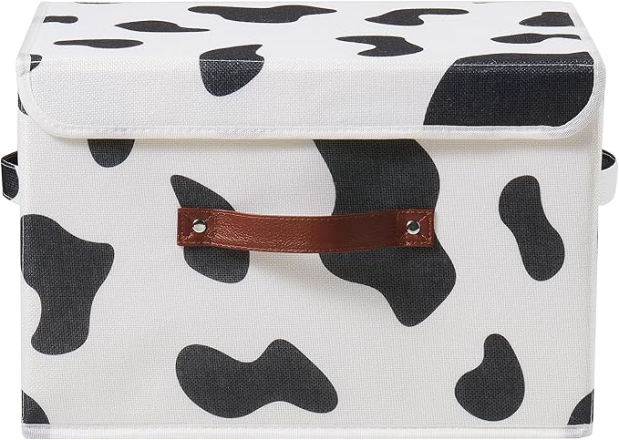 Storage Bin with Lid Cow Print Cute Fabric Storage Basket Box with Faux Leather Handles PP Plastic Board Foldable Washable Lidded Cotton Linen Closet Shelf Organizer Container (Large Size)