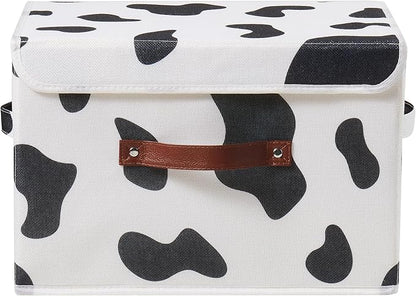 Storage Bin with Lid Cow Print Cute Fabric Storage Basket Box with Faux Leather Handles PP Plastic Board Foldable Washable Lidded Cotton Linen Closet Shelf Organizer Container (Large Size)