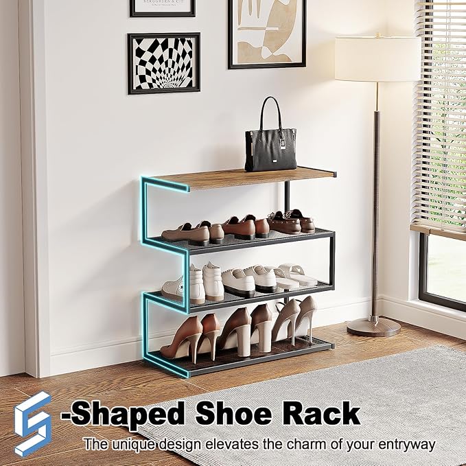 Shoe Rack, Unique 5-Shaped Free Standing Shoe Shelf, 4-Tier Wooden Shoe Organizer with Wooden Top and Steel Frame for Front Door Entrance, Entryway, Hallway, 24.41" D x 11.02" W x 23.23" H