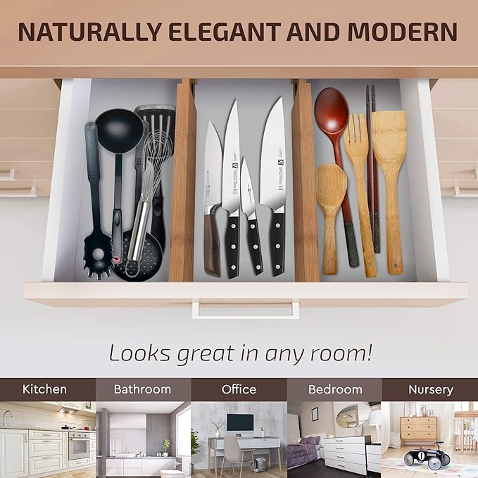 4-Pack Bamboo Drawer Dividers - 2.6 in High, Adjustable 16 to 22 in Expandable Drawer Organizers and Dresser Separators for Clothes, Bedroom, Bathroom, Kitchen, and Office Organization and Storage