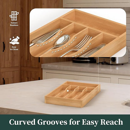 Silverware Organizer, Bamboo Kitchen Drawer Organizer, Utensil Holder, Cutlery Tray & Spoon Flatware Storage with Grooved Drawer Dividers (8.5''W x 13''D)