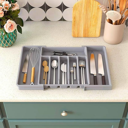 YWHWXB Silverware Drawer Organizer,Expandable Utensil Tray,Large Kitchen Drawer Organizer,Adjustable Plastic Flatware Organizer for Flatware Cutlery Spoon Knives Drawer Storage Organization (Grey)