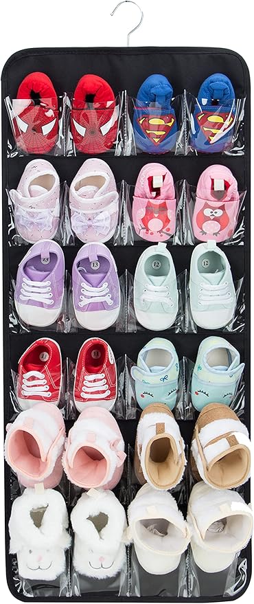 PACMAXI Over The Door Shoes Organizer for 12 Pairs of Baby Shoes Boys Girl, Hanging Baby Shoe Organizer with Hanger(Polyester Material-Black)