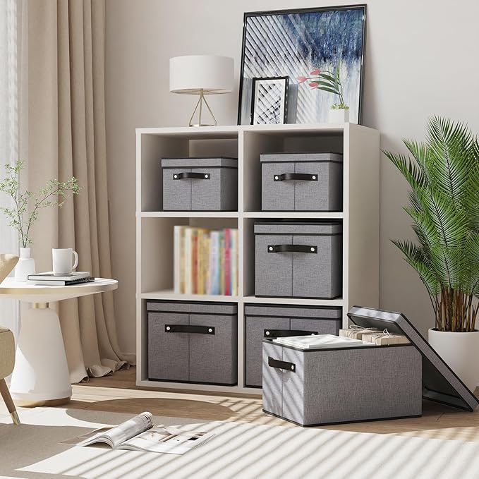 Storage Boxes with Lids, 15 x 9.8 x 8.3 Inch Storage Bins for Wardrobe Bedroom Laundry, Fabric Closet Organizers with Handles,Gray, 5-Pack