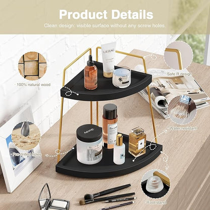 Forbena Black and Gold Corner Bathroom Counter Organizer, Modern Kitchen Countertop Shelf Organizer for Sink, Two Tier Makeup Vanity Storage Holder Tray for Table Top Skincare Perfume Decor