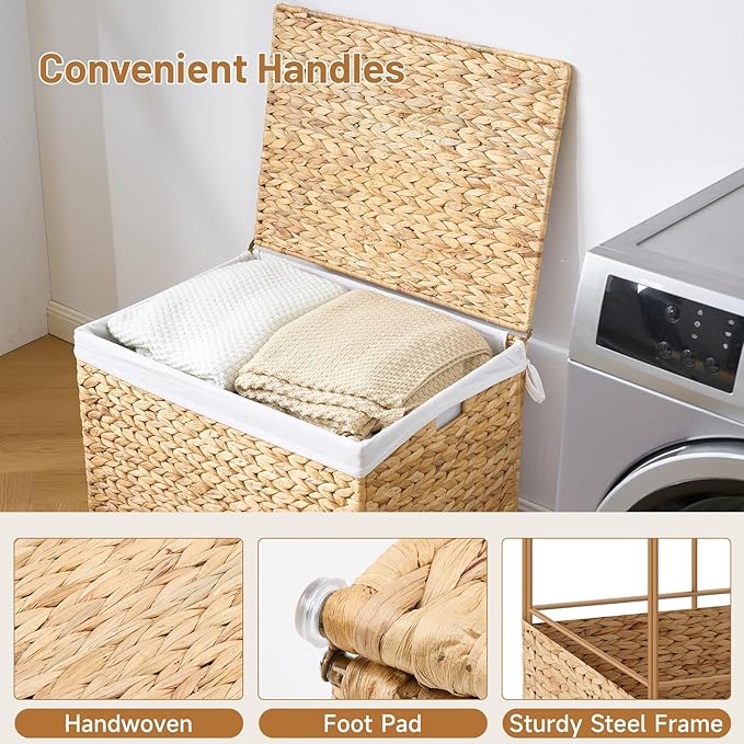 Water Hyacinth Storage Basket with Lid, 31.7 Gallon (120L) Wicker Shelf Basket with Removable Liner, Wicker Storage Basket for Blanket, for Livingroom, Bedroom, Natural