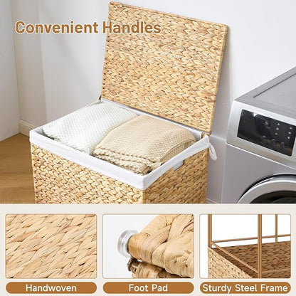 Water Hyacinth Storage Basket with Lid, 31.7 Gallon (120L) Wicker Shelf Basket with Removable Liner, Wicker Storage Basket for Blanket, for Livingroom, Bedroom, Natural