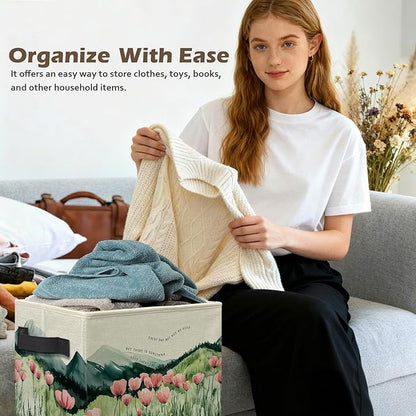 Inspirational Mountain Wildflower Storage Box Bins, Motivational Quote Floral Mountain Collapsible Storage Basket Organizer for Bedroom Laundry Room Home Clothes Books, Decor for Room