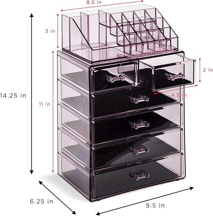 Sorbus Acrylic Makeup Organizer Set, 6-Drawer Vanity & Countertop Cosmetic Storage with Small & Wide Compartments, Purple Makeup Storage for Brushes, Jewelry – Holiday Gift for Women & Teens