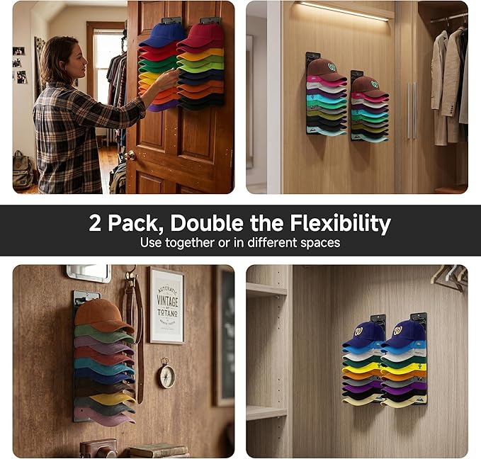 2 Pack Hat Organizer for Baseball Caps Wall Mounted, Hat Rack & Hat Holder with Strong Adhesive or Screws, Spring Clips Secure Hold, Space Saving Hat Organizer for Door, Closet or Entryway