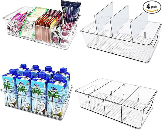 4-Pack Pantry Organizer Bins – Clear Storage Containers for Pantry, Kitchen, Fridge, Cabinet, or Shelf – Perfect for Snacks, Food, Drinks & Multi Purpose
