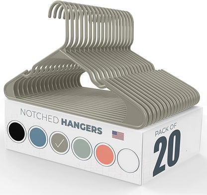 Plastic Hangers 20 Pack - Made in The USA - 6lb Capacity Standard Clothes Hangers with Notches and Reinforced Edges for Dresses, Lingerie, Shirts, Pants, and Jackets - Gray