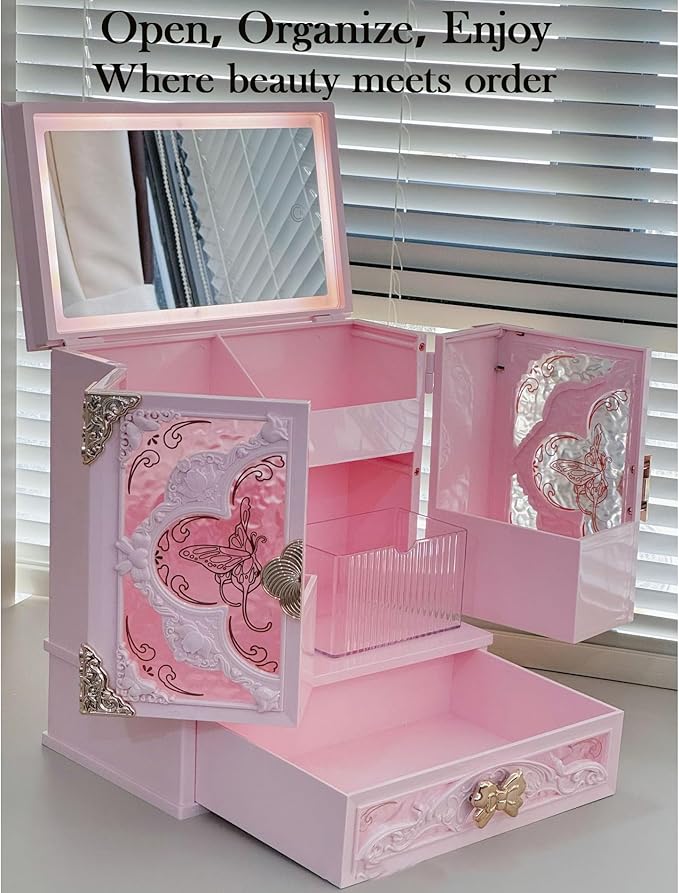Lighted Vanity Makeup Organizer with Mirror, Large Vintage Cosmetic Storage Box with Drawers, Waterproof Dustproof Skincare & Beauty Organizer for Bathroom Counter, Gift for Women (Pink)