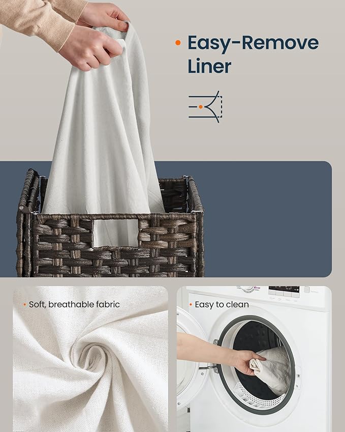 SONGMICS HOME Laundry Hamper with Lid, Clothes Basket with Removable Liner and Handles, 23.8 Gallon, Foldable Narrow Laundry Organizer for Bathroom, Bedroom, Dark Brown