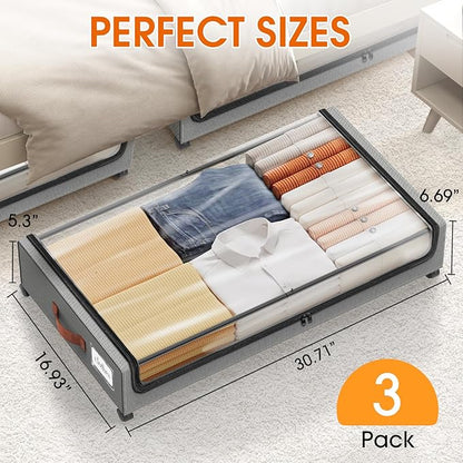 SpaceHacks Under Bed Storage with Wheels 3Pack Underbed Storage with Clear Window&Label Under Bed Drawers Large Capacity Rolling Under Bed Storage for Clothes,Shoes, Blankets (Light Grey)