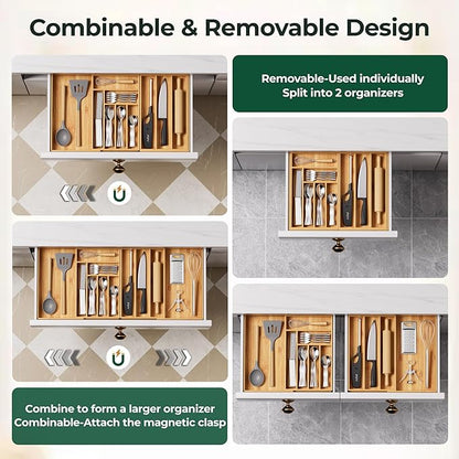 Large Silverware Organizer, 11 Slots Magnetic Connected Expandable Acacia Wood Utensil Drawer Organizer From 21 to 37.4 Inches, Adjustable Flatware and Cutlery Holder, Utensil Tray for Kitchen