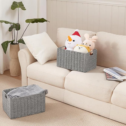 Vagusicc Wicker Storage Basket, Set of 2 Hand-Woven Paper Rope Wicker Basket, Small Storage Baskets for Organizing Toilet Paper Basket, Foldable Large Cube Storage Organizer Bins for Shelves (Grey)