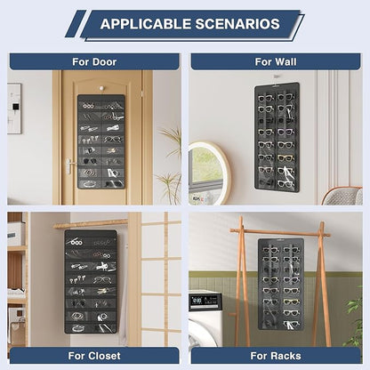 Hanging Sunglasses Organizer and Storage, Dual-Sided Sunglasses Case and Jewelry Holder, Wall-Mounted, 32 Clear Slots, Dust-Proof, Roof Design for Travel, Dark Gray