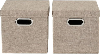 Household Essentials 802-1 Café Cube Bin Storage Set with Lids and Handles | 2 Pack, Brown Linen