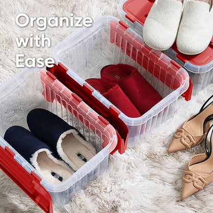 Superio Red Storage Box with Red Hinged Lids, Plastic Container Bins for Organizing with Attached Lid, Stackable Crates, BPA Free, Organizers for Home and Office, 53Quart (20.25"x14"x14.6")