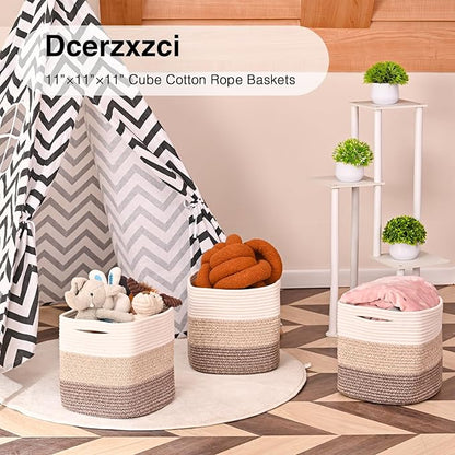 11 Inch Cube Storage Bins, Organizing Bins for Cube Organizer, Storage Baskets for Organizing, Woven Storage Basket for Shelves, Cotton Rope Baskets for Storage, Gradient Brown (Pack of 3)
