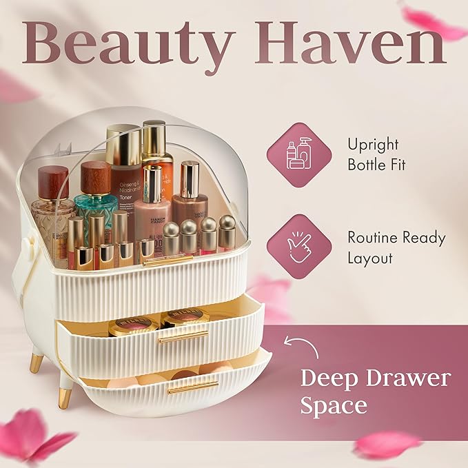 Covered Makeup Cosmetic Countertop - Large Cosmetic Organizer - Trendy Oval Shape Storage for Skin Care Organizer - Clear Lid, Storage Drawers, Carry Handle - Cute Stylish Decor Solution (White)