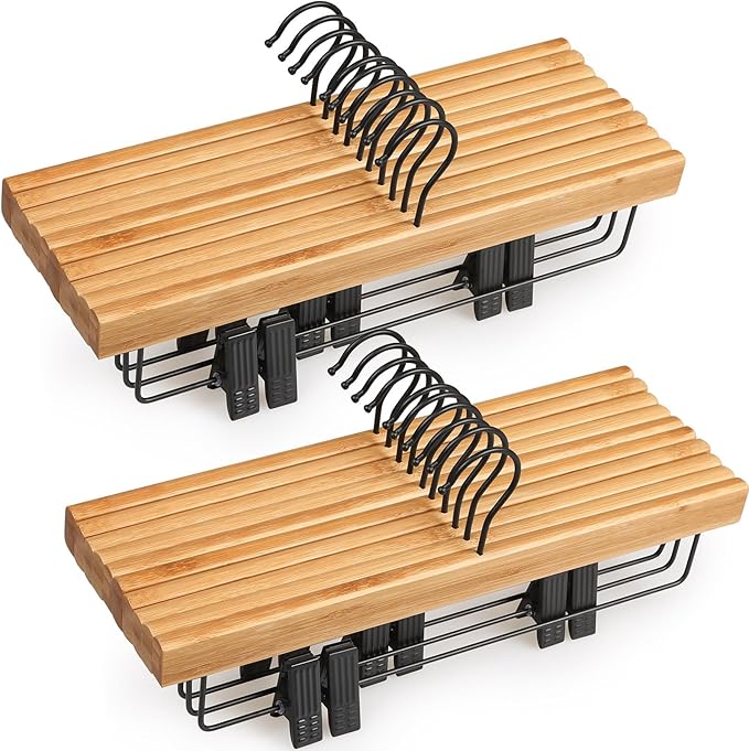 TOPIA HANGER Pants Hangers 20 Pack, Bamboo Clothes Hangers with Black Clips and Rotatable Hook, Durable Natural Wooden Hangers for Skirts, Pants, Jeans, Shorts - CTS06