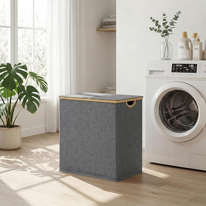 efluky Laundry Hamper with Lid, Double Laundry Basket with 2 Removable Bags, 2 Section Laundry Bin with Bamboo Handles for Bathroom, Bedroom & Laundry Room, 140L (36.9 Gallon) Blue Grey