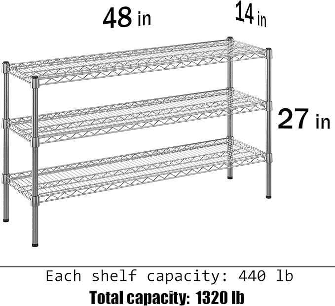 14" Deep x 48" Wide x 27" Height Wire Shelving Kit | 3-Tier | NSF Commercial Storage Rack Unit