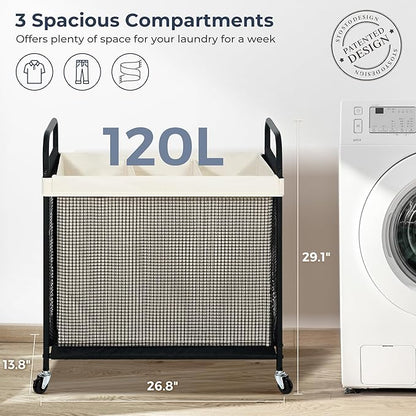STO STO Laundry Hamper 3 Section, 120L Rolling Laundry Sorter Cart with Removable and Washable Liner Bag, Clothes Hamper with Wheels and Metal Handle for Laundry Room and Bedroom