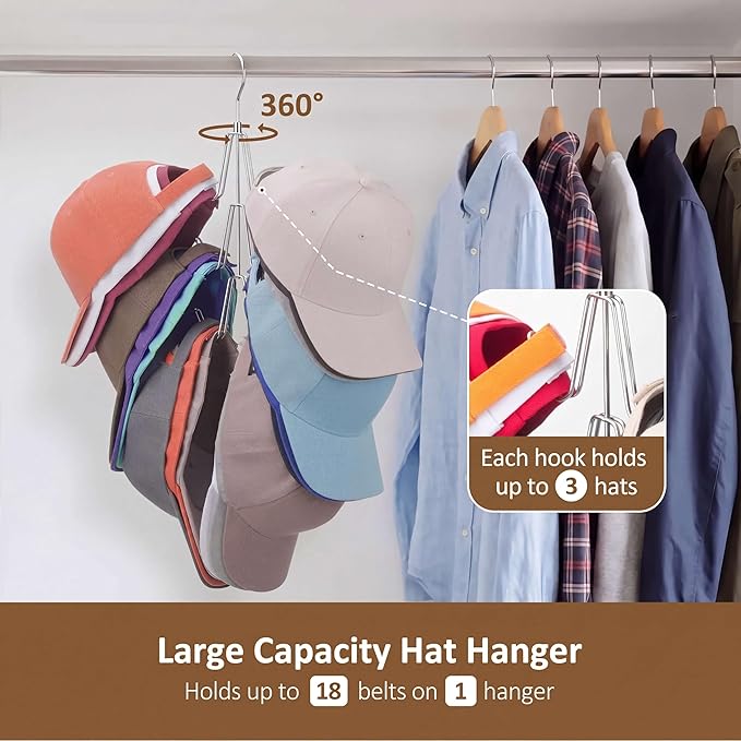 ZEDODIER Hat Organizer for Closet, Rotatable Hat Hanger Holds 18+ Baseball Caps, Space Saving Metal Hat Rack & Cap Holder, No Assembly Required, Hat Storage for Men Women, Silver, 1 Pack