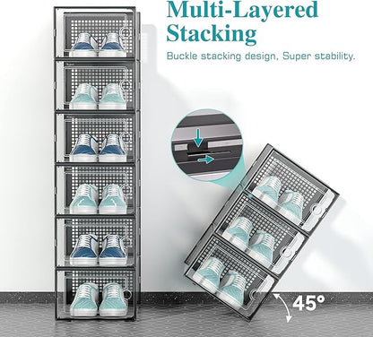 Kuject Large Shoe Organizers Storage Boxes for Closet, 12 Pack Clear Plastic Stackable Storage Bins with Lids, Under Bed Shoe Containers for Entryway, Drop Front, Fit up to Women's Size 10,Black