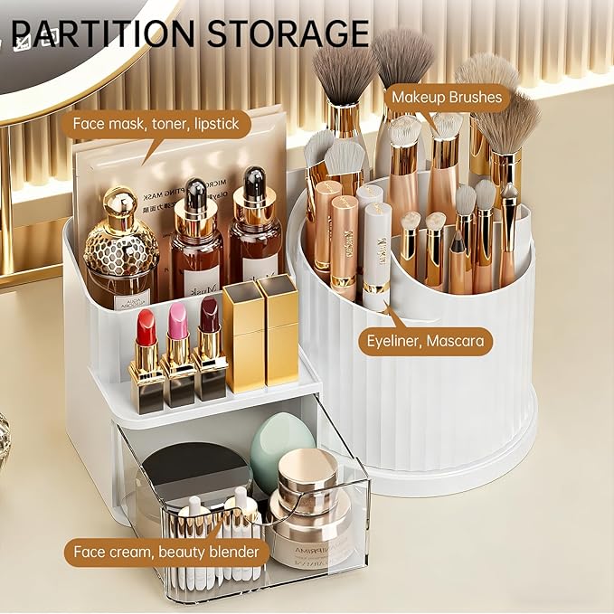 Anyoifax 360 Rotating Makeup Brush Holder Organizer with Drawer 5 Slots Make Up Brushes Cup Flower-Shaped Spinning Pen Holder for Vanity, Cosmetics, Lipsticks, White