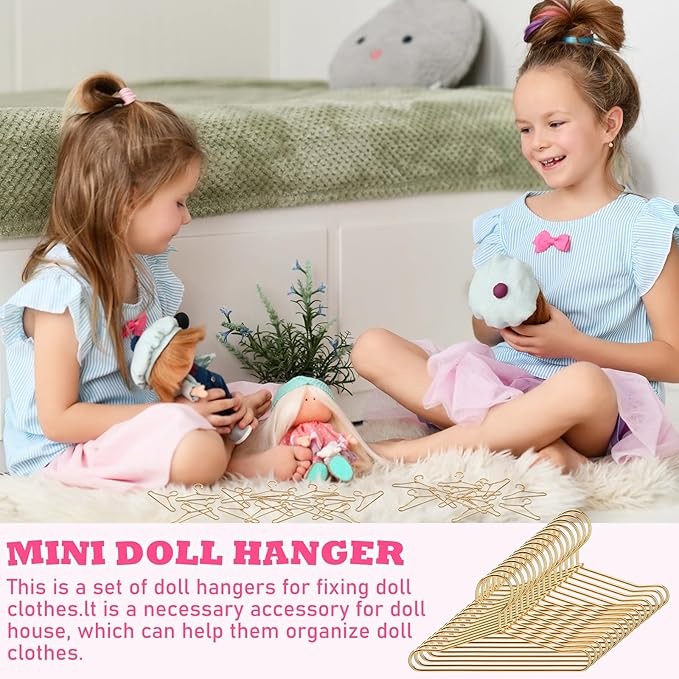 Jenaai 50 Pcs Doll Clothes Hanger 2.56 in Metal Gold Doll Outfit Hanger Mini Clothes Hangers for Wardrobe, Dresses, Skirts, and Accessories