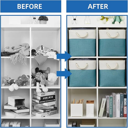 Temary Cubes Storage Baskets 12 Inch Cube Storage Bins for Shelf, Fabric Storage Cubes for Gift Empty Baskets for Home, Collapsable Box Basket for Storage (White&Teal)