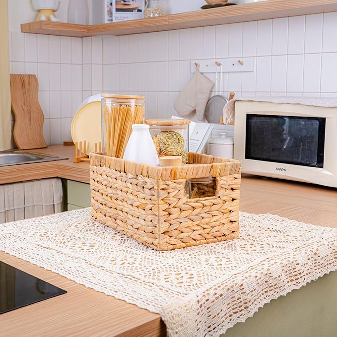 M4DECOR Set of 3 Water Hyacinth Storage Baskets – Wicker Baskets for Shelves, Decorative Woven Organizer Bin for Bathroom, Closet, or Pantry (3-Pack Medium)