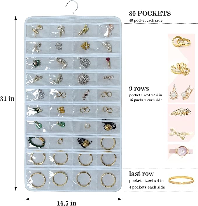 Hanging Jewelry Organizer for Closet Wall Door Double-Sided Jewelry Holder for Earrings, Necklaces, Rings 1 Pcs (White)