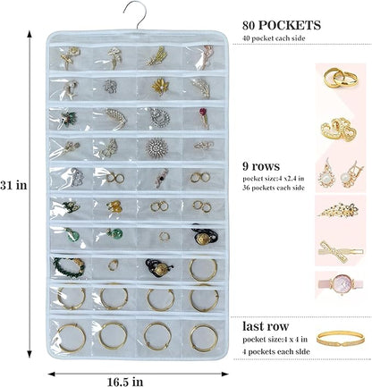 80 Pocket Hanging Jewelry Organizer with Hanger Metal Hooks Storage On Wall Door Closet Double-Sided(Each Side 40 Pockets) Jewelry Holder for Earrings, Necklaces, Rings (White+White)