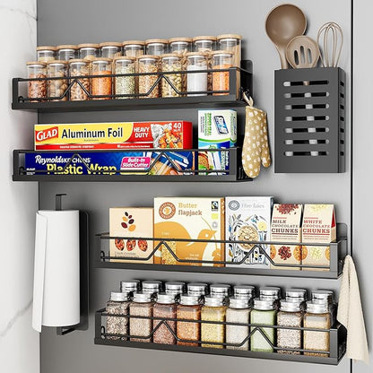 Mystozer 16.9 Inch Wide Large Capacity Magnetic Spice Rack for Refrigerator,6 Pack Metal Fridge Shelf Spice Rack Organizer Refrigerator Organizer Kitchen Spice Organizer Spice Storage(Black)